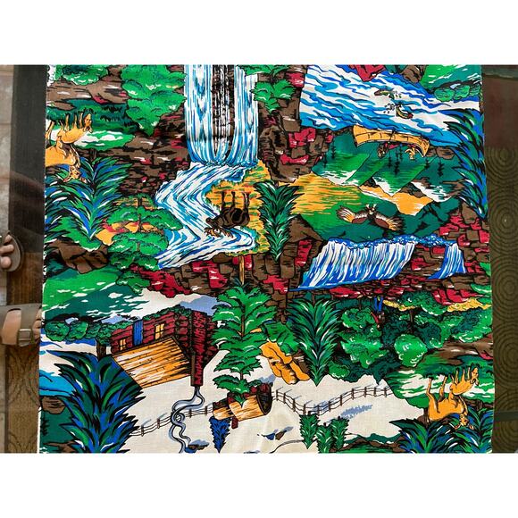 Vintage Fabric Sewing Woods Outdoor River Log Cabin Blue Green 45”x 70" - Picture 9 of 9
